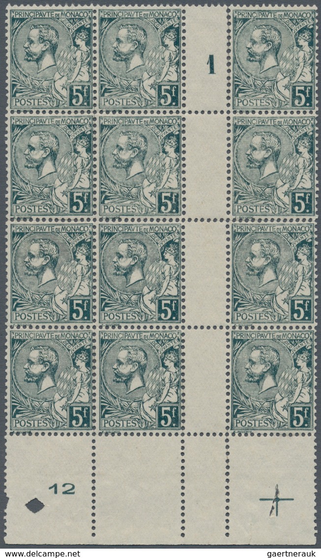 Monaco: 1921, Prince Albert I. 5fr. Dark-green Block Of 12 With Gutter (millesime ‚1‘) From Lower Ma - Used Stamps