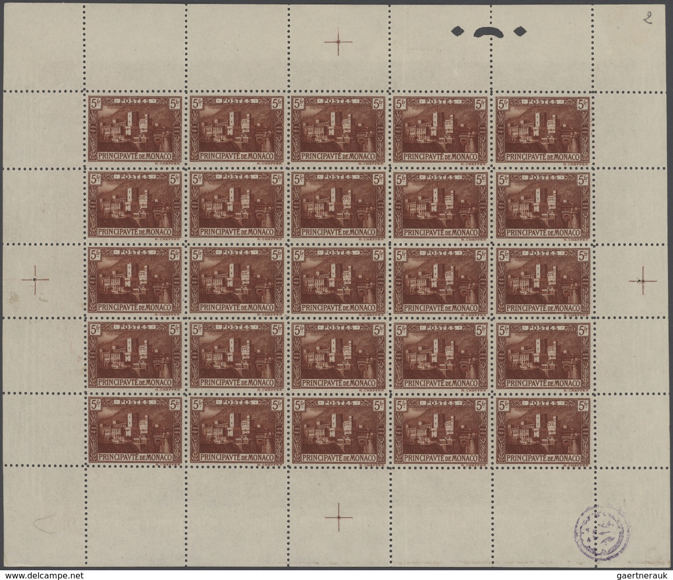 Monaco: 1922, Monaco Castle 5fr. Redbrown Complete (folded) Sheet Of 25 With Margins Around, Mint Ne - Gebraucht