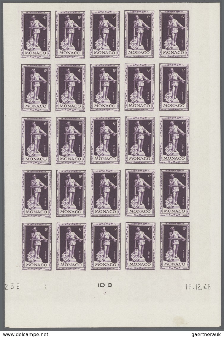 Monaco: 1949, 100th birthday of Prince Albert I. complete set of eight in IMPERFORATE blocks of 25 f