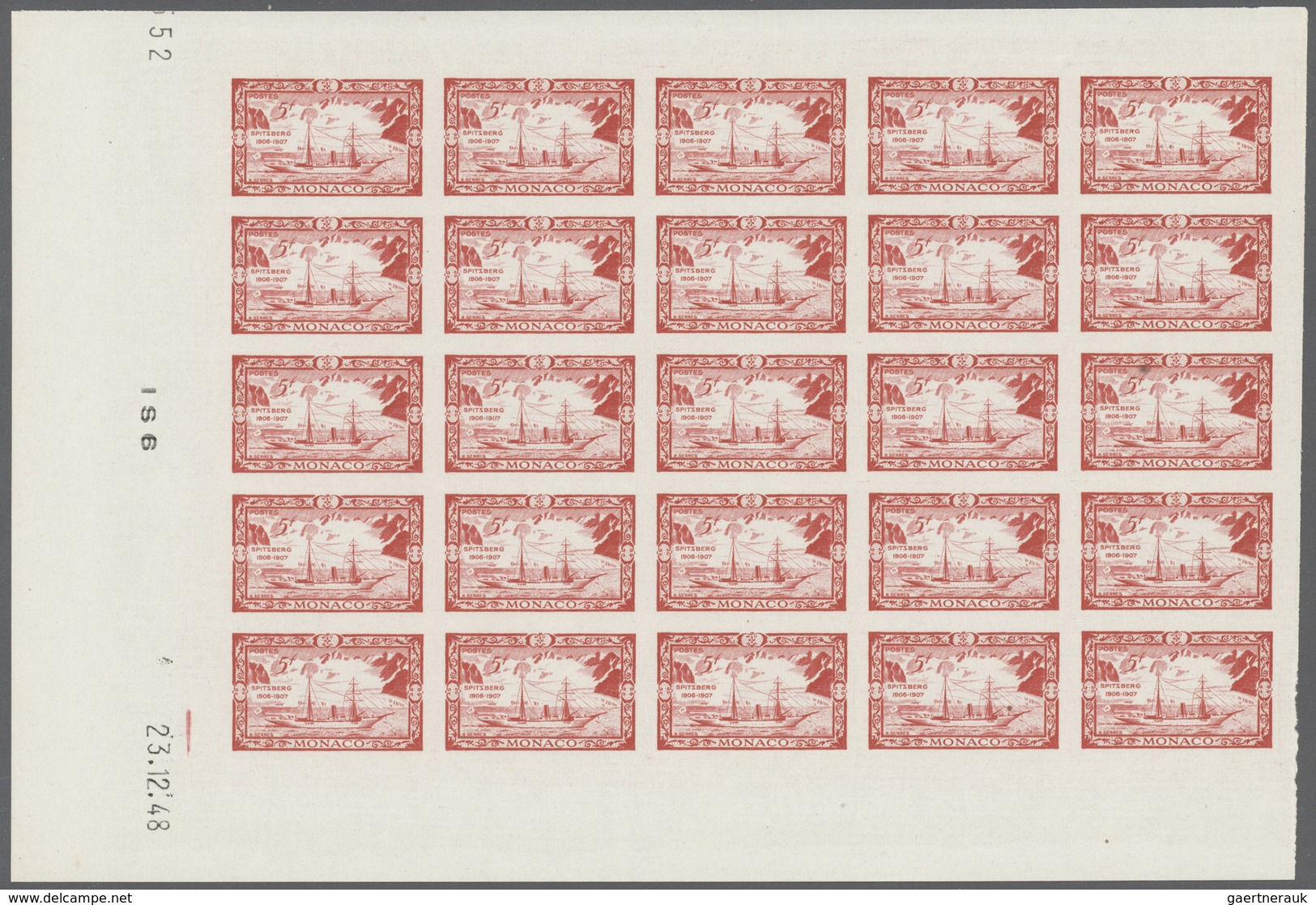 Monaco: 1949, 100th birthday of Prince Albert I. complete set of eight in IMPERFORATE blocks of 25 f