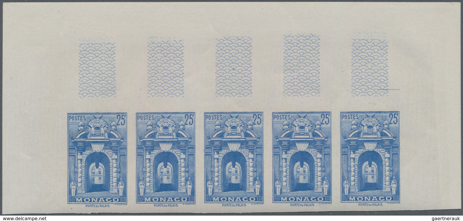 Monaco: 1948/1949, Pictorial Definitives Complete Set Of 13 In IMPERFORATE Marginal Strips Of Five, - Used Stamps