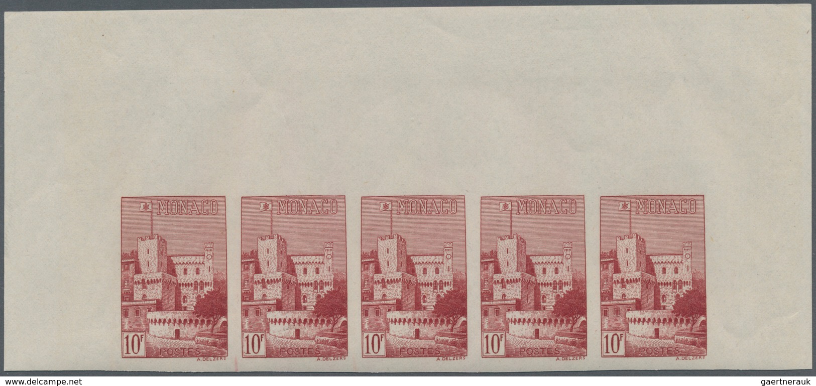 Monaco: 1948/1949, pictorial definitives complete set of 13 in IMPERFORATE marginal strips of five,