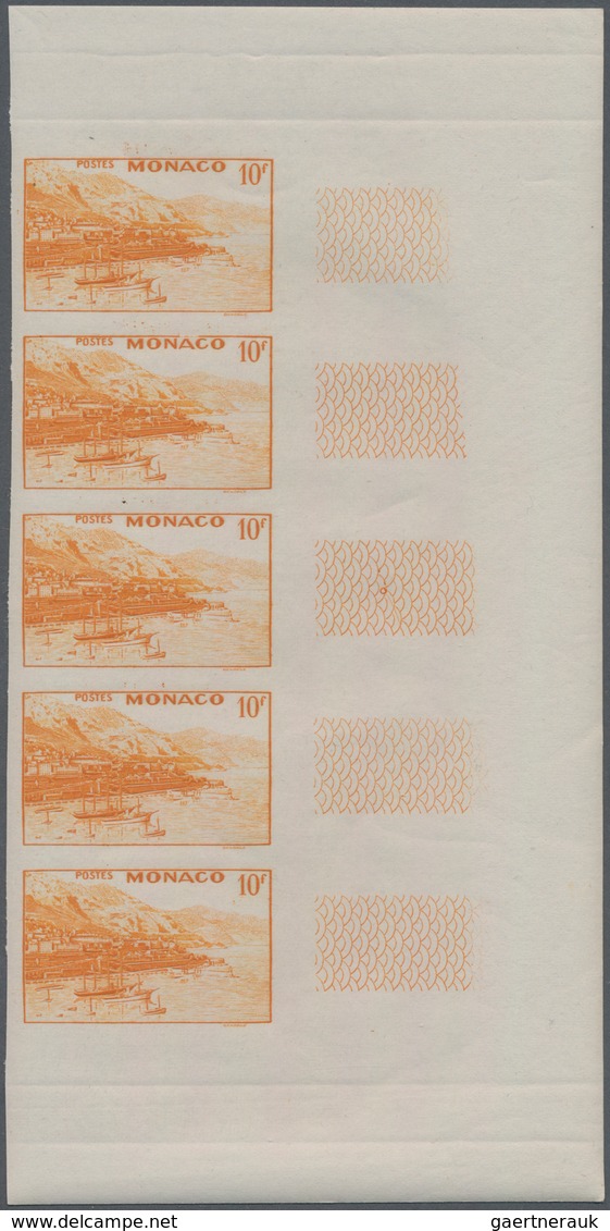 Monaco: 1948/1949, pictorial definitives complete set of 13 in IMPERFORATE marginal strips of five,