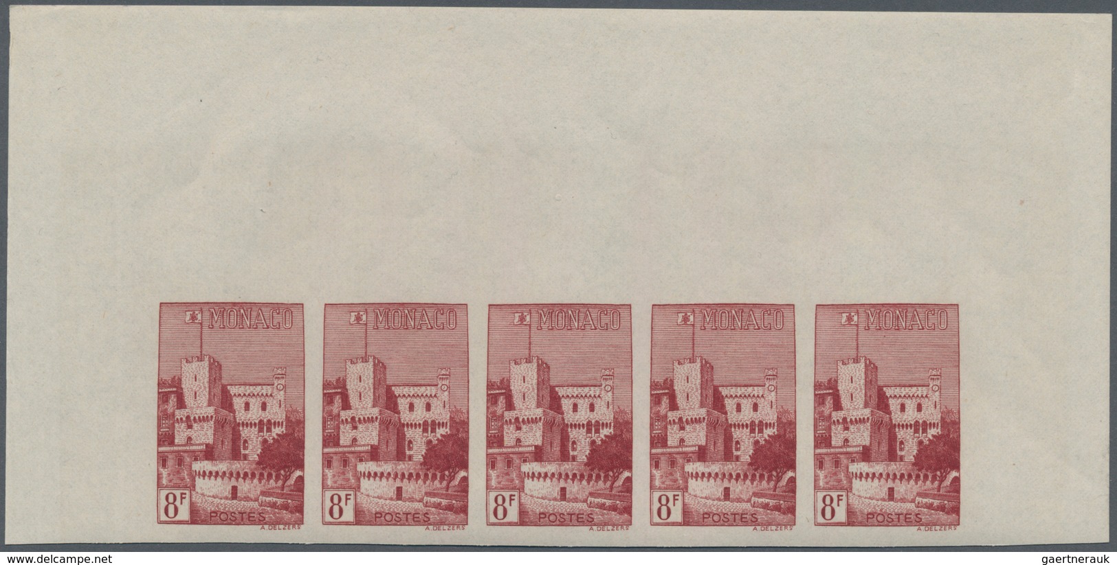 Monaco: 1948/1949, pictorial definitives complete set of 13 in IMPERFORATE marginal strips of five,