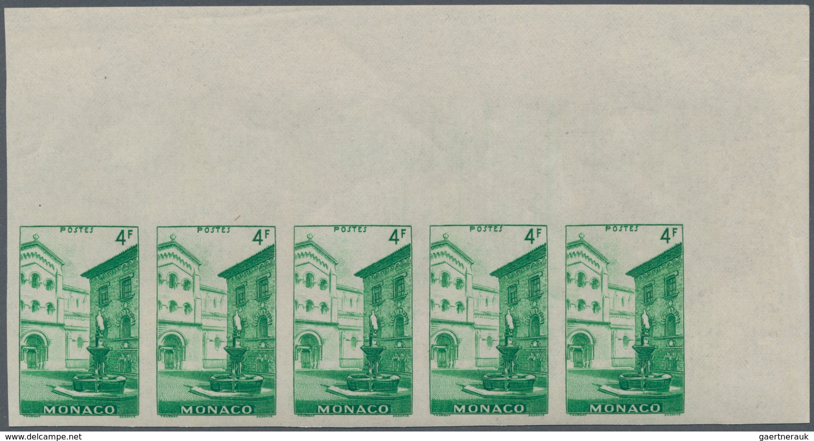 Monaco: 1948/1949, pictorial definitives complete set of 13 in IMPERFORATE marginal strips of five,