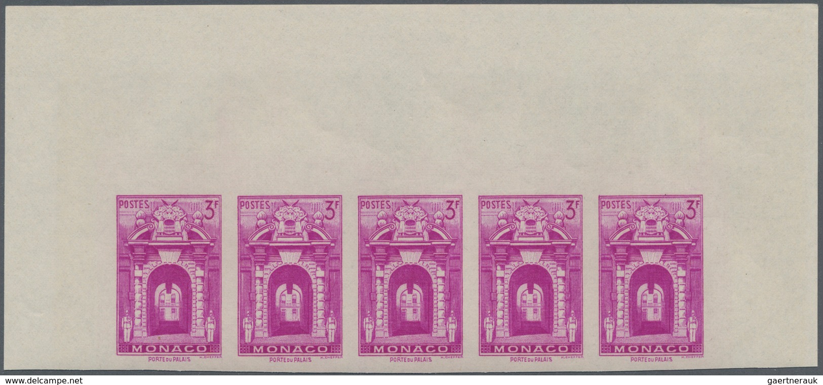 Monaco: 1948/1949, pictorial definitives complete set of 13 in IMPERFORATE marginal strips of five,