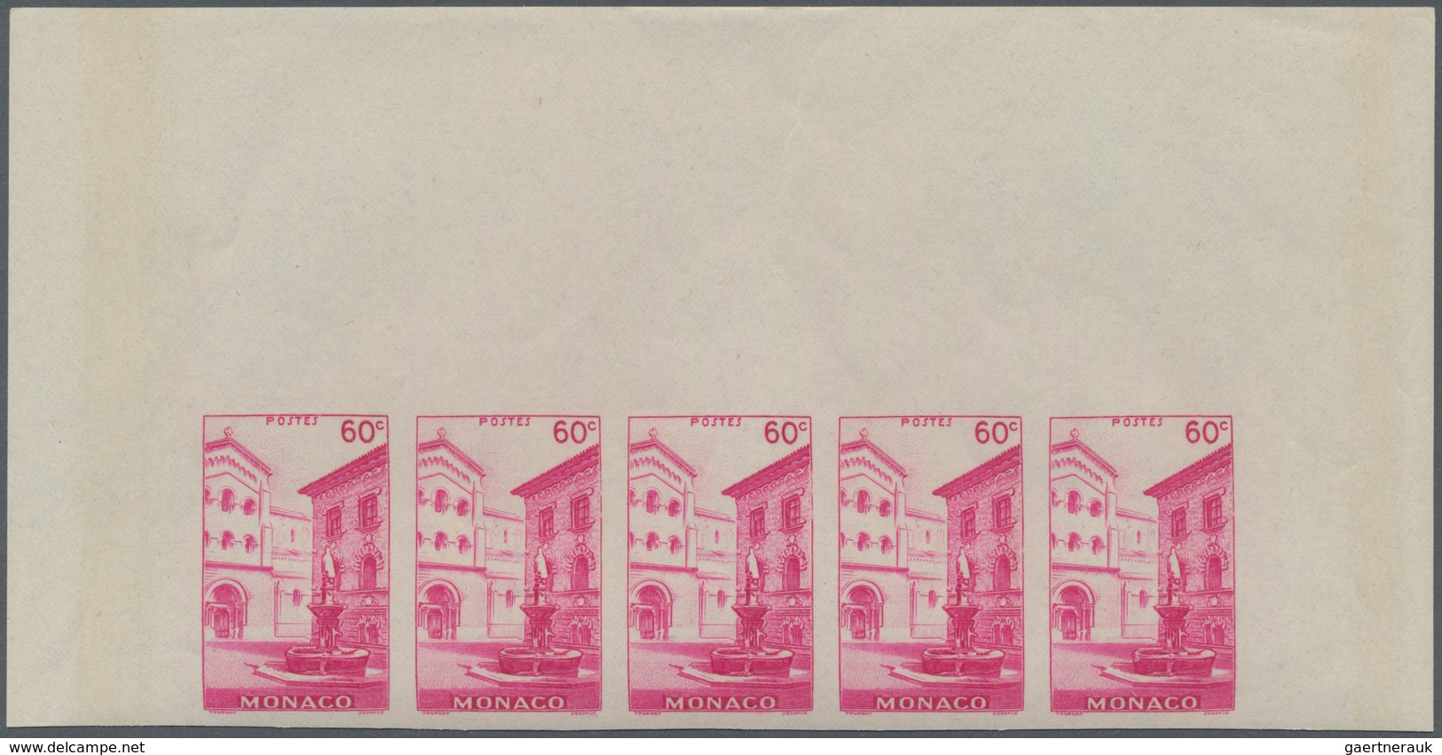 Monaco: 1948/1949, pictorial definitives complete set of 13 in IMPERFORATE marginal strips of five,