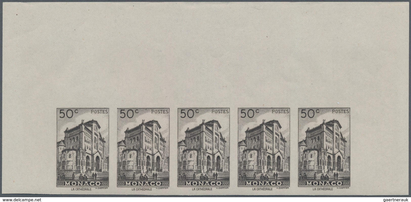 Monaco: 1948/1949, pictorial definitives complete set of 13 in IMPERFORATE marginal strips of five,