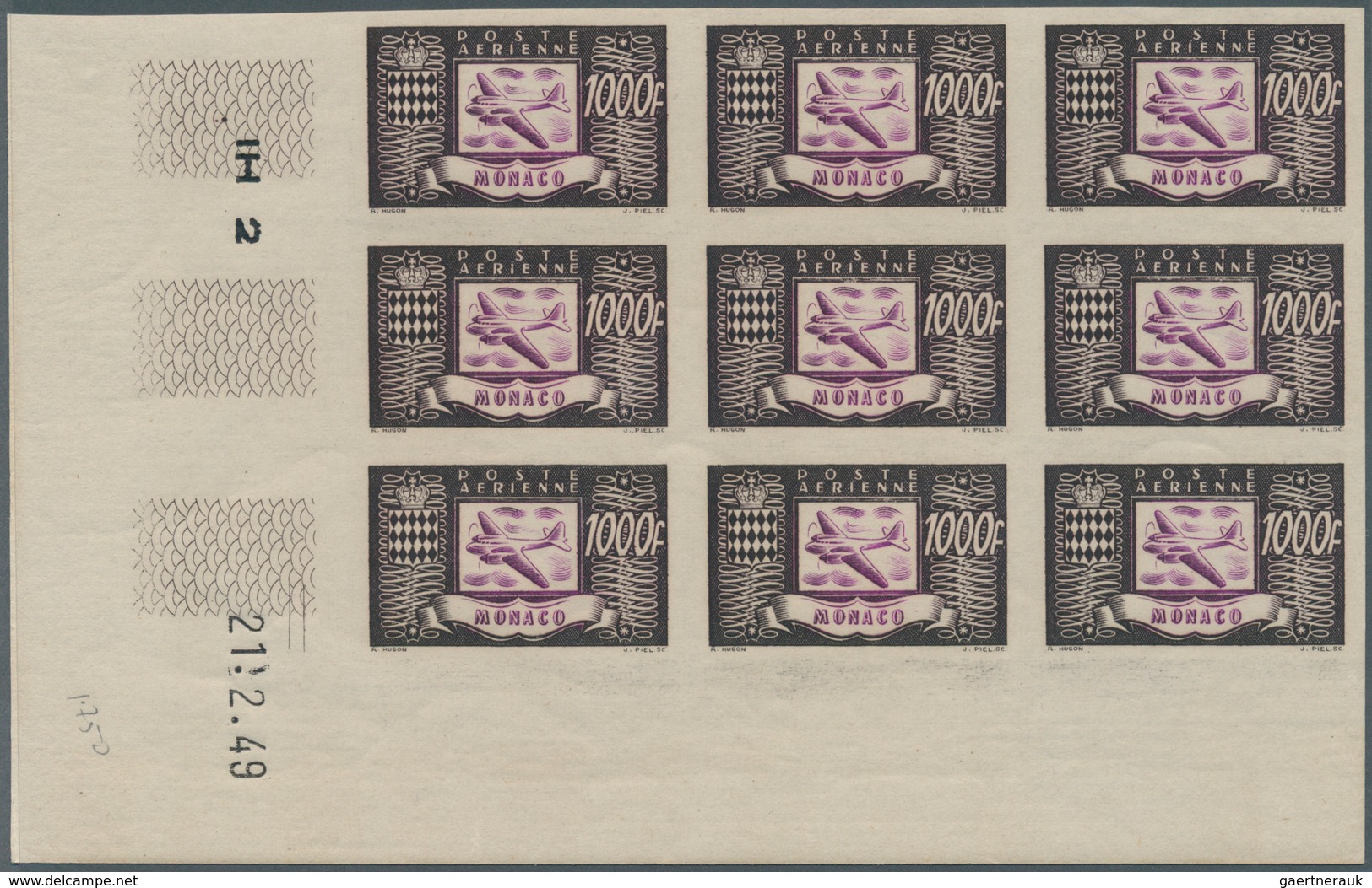 Monaco: 1949, Flugpostmarken Kompl. Satz In UNGEZÄHNTEN Neunerblocks Aus Der Linken Unteren Bogeneck - Gebraucht