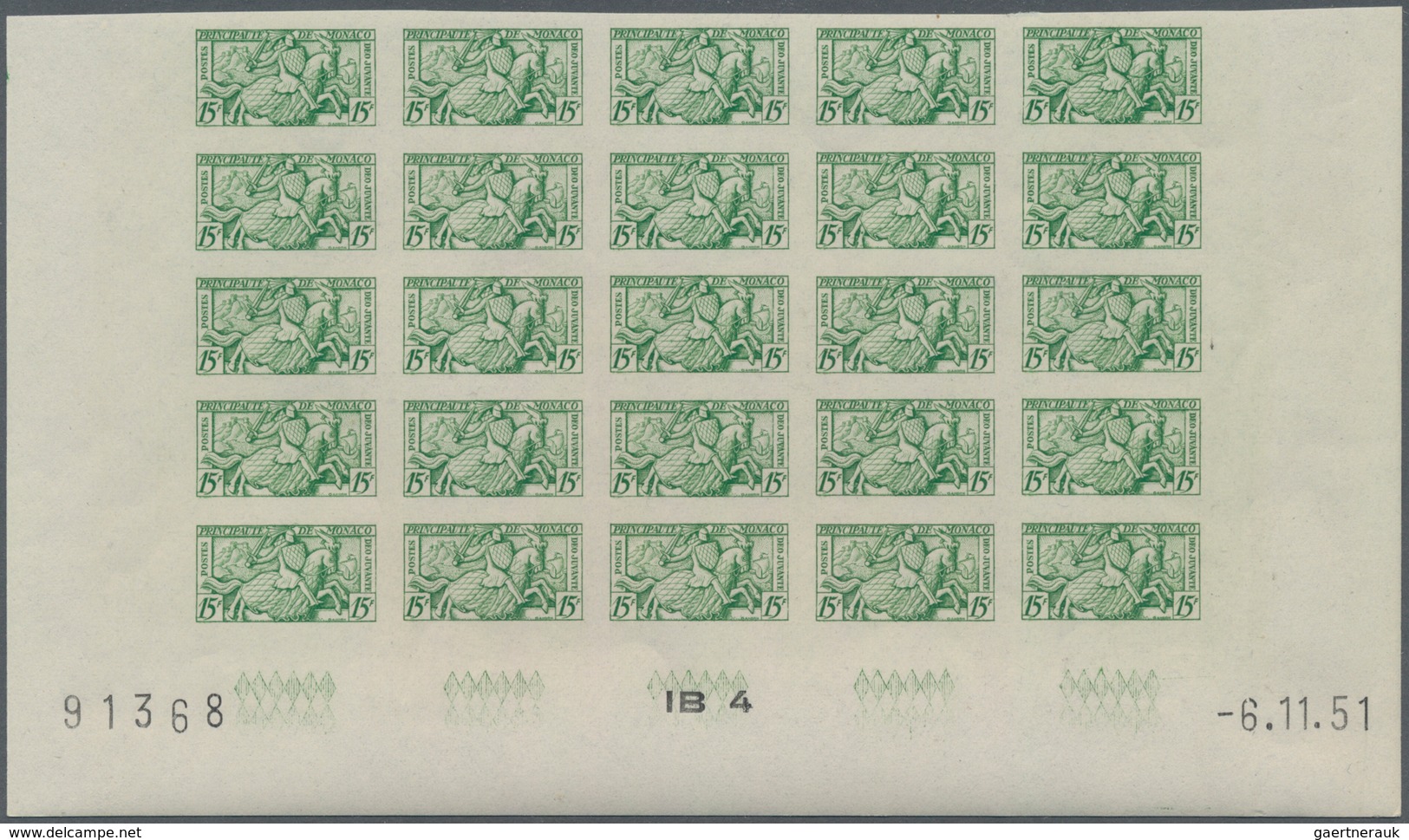 Monaco: 1951, Visiting Card Stamps Complete Set Of Five In IMPERFORATE Blocks Of 25 From Lower Margi - Oblitérés