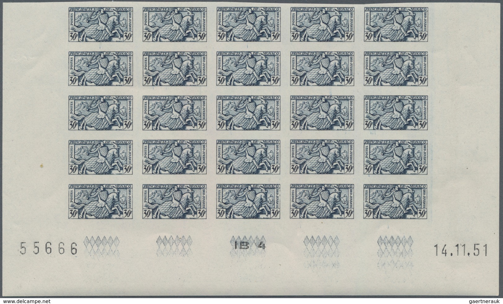 Monaco: 1951, Visiting Card Stamps Complete Set Of Five In IMPERFORATE Blocks Of 25 From Lower Margi - Oblitérés