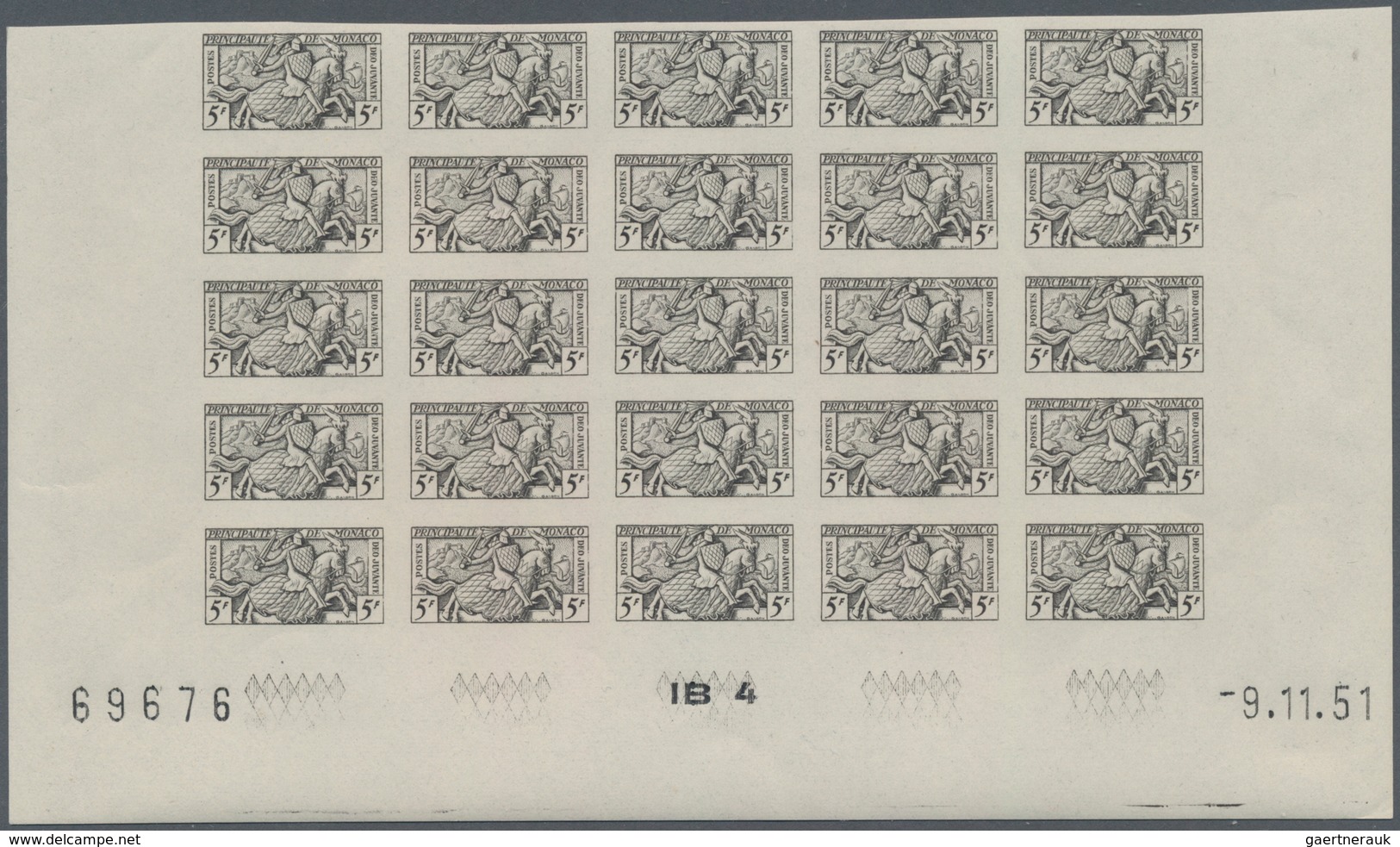 Monaco: 1951, Visiting Card Stamps Complete Set Of Five In IMPERFORATE Blocks Of 25 From Lower Margi - Oblitérés