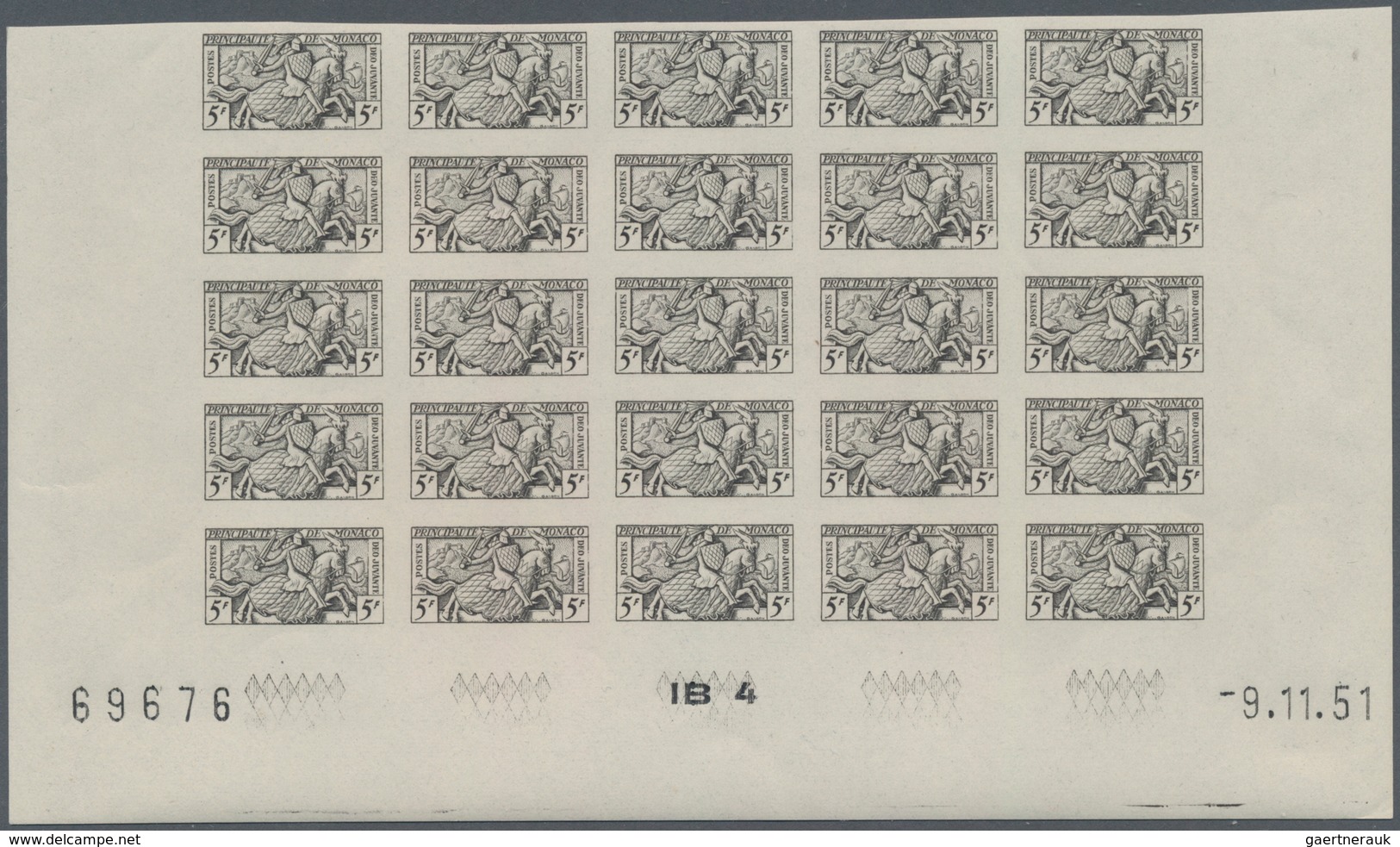 Monaco: 1951, Visiting Card Stamps Complete Set Of Five In IMPERFORATE Blocks Of 25 From Lower Margi - Used Stamps