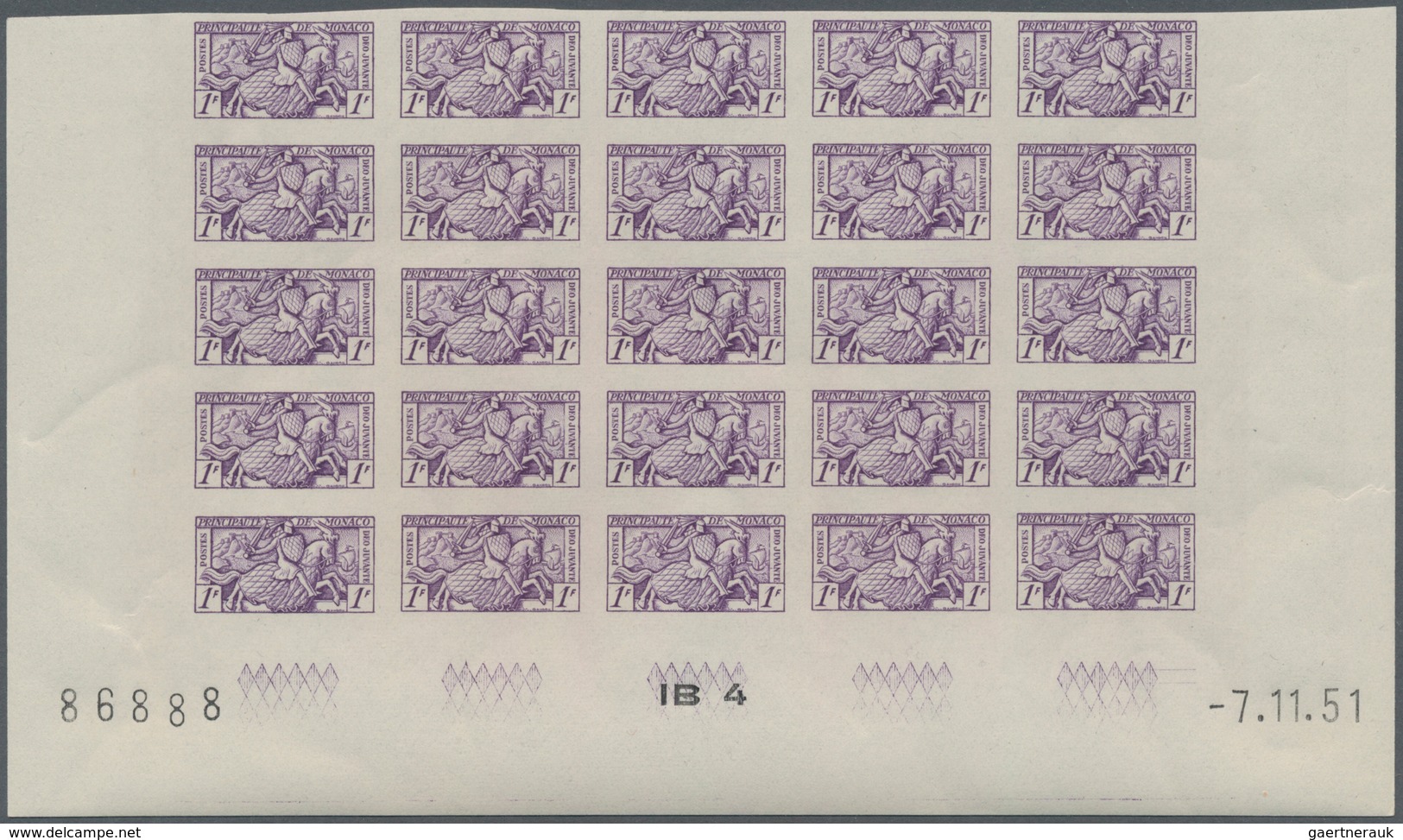 Monaco: 1951, Visiting Card Stamps Complete Set Of Five In IMPERFORATE Blocks Of 25 From Lower Margi - Oblitérés