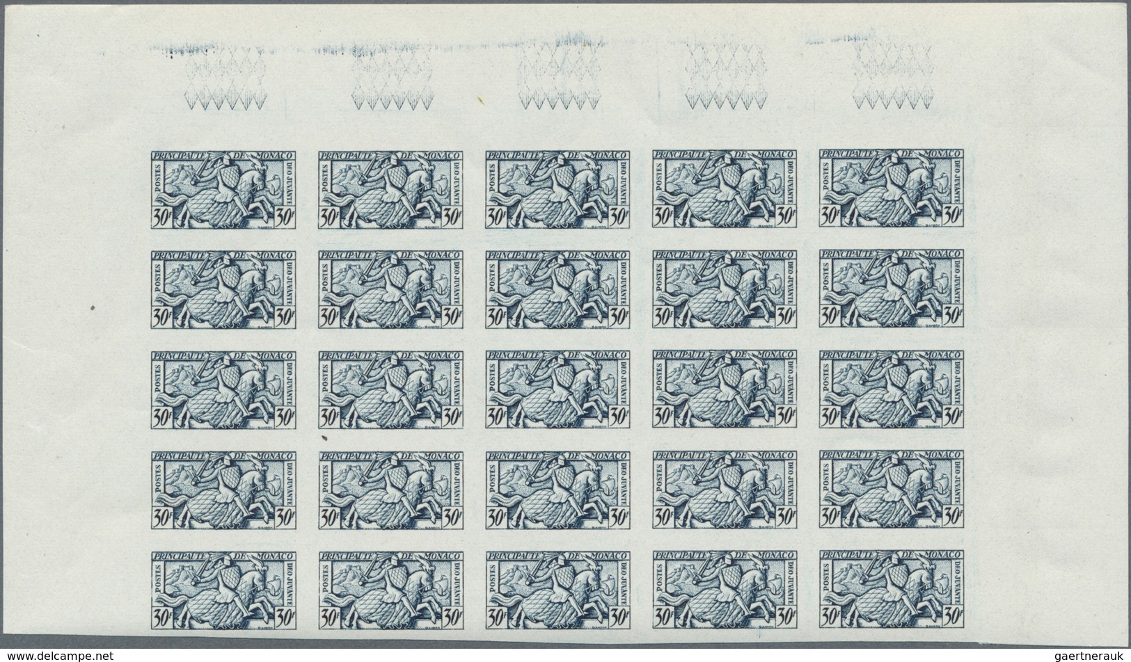 Monaco: 1951, Visiting Card Stamps Complete Set Of Five In IMPERFORATE Blocks Of 25 From Upper Margi - Oblitérés