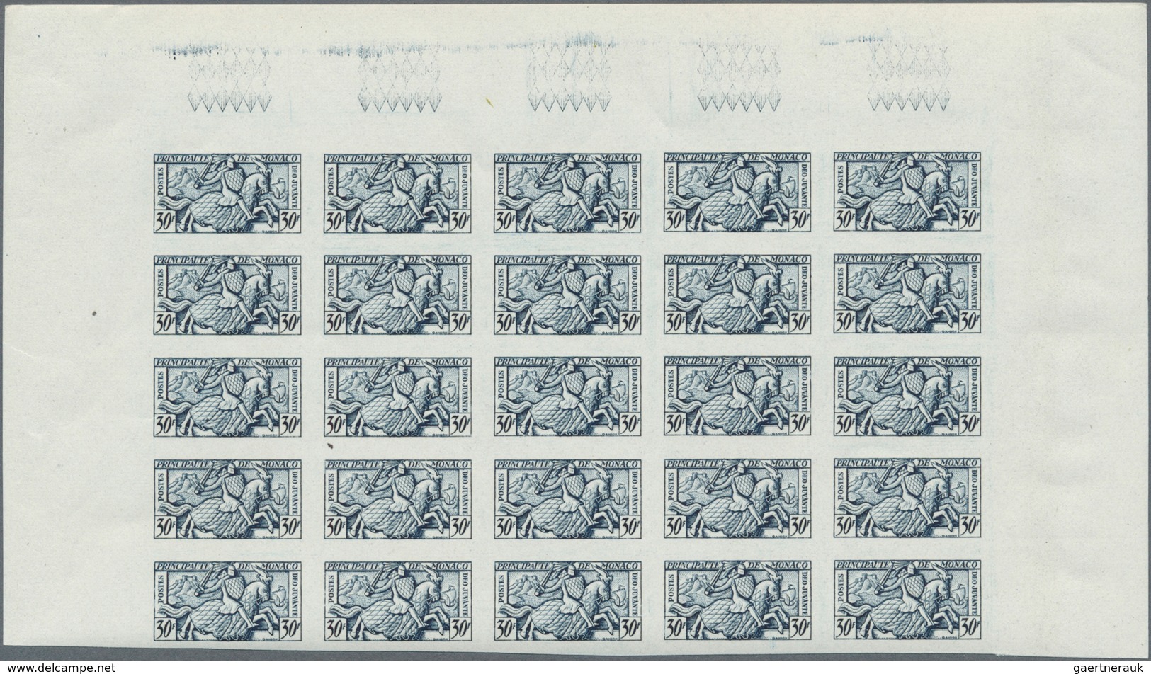 Monaco: 1951, Visiting Card Stamps Complete Set Of Five In IMPERFORATE Blocks Of 25 From Upper Margi - Used Stamps