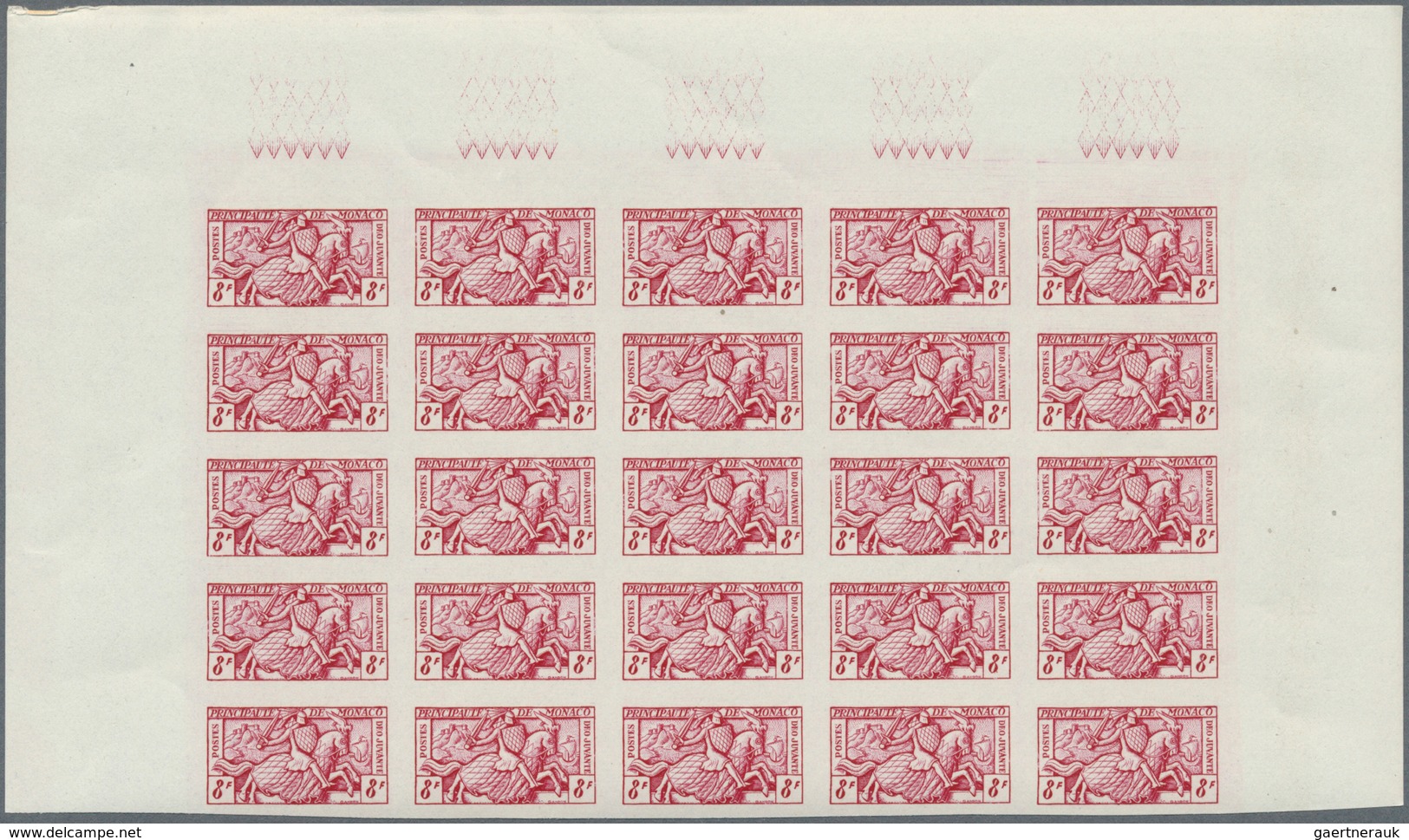 Monaco: 1951, Visiting Card Stamps Complete Set Of Five In IMPERFORATE Blocks Of 25 From Upper Margi - Oblitérés