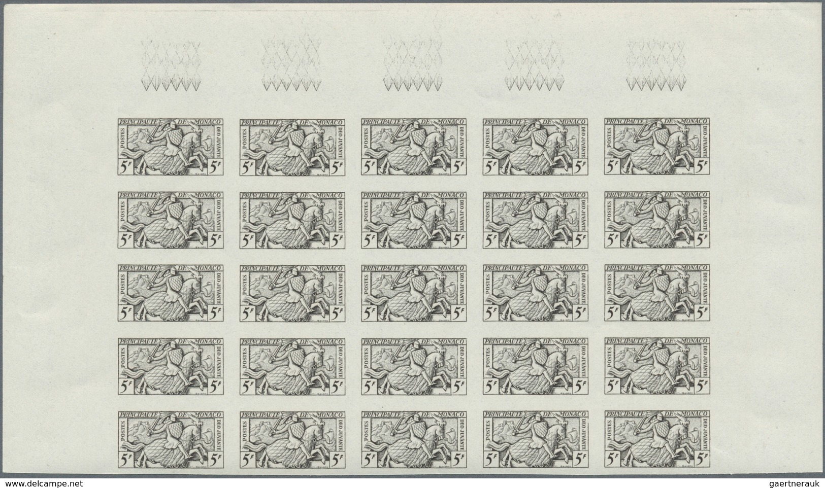 Monaco: 1951, Visiting Card Stamps Complete Set Of Five In IMPERFORATE Blocks Of 25 From Upper Margi - Oblitérés