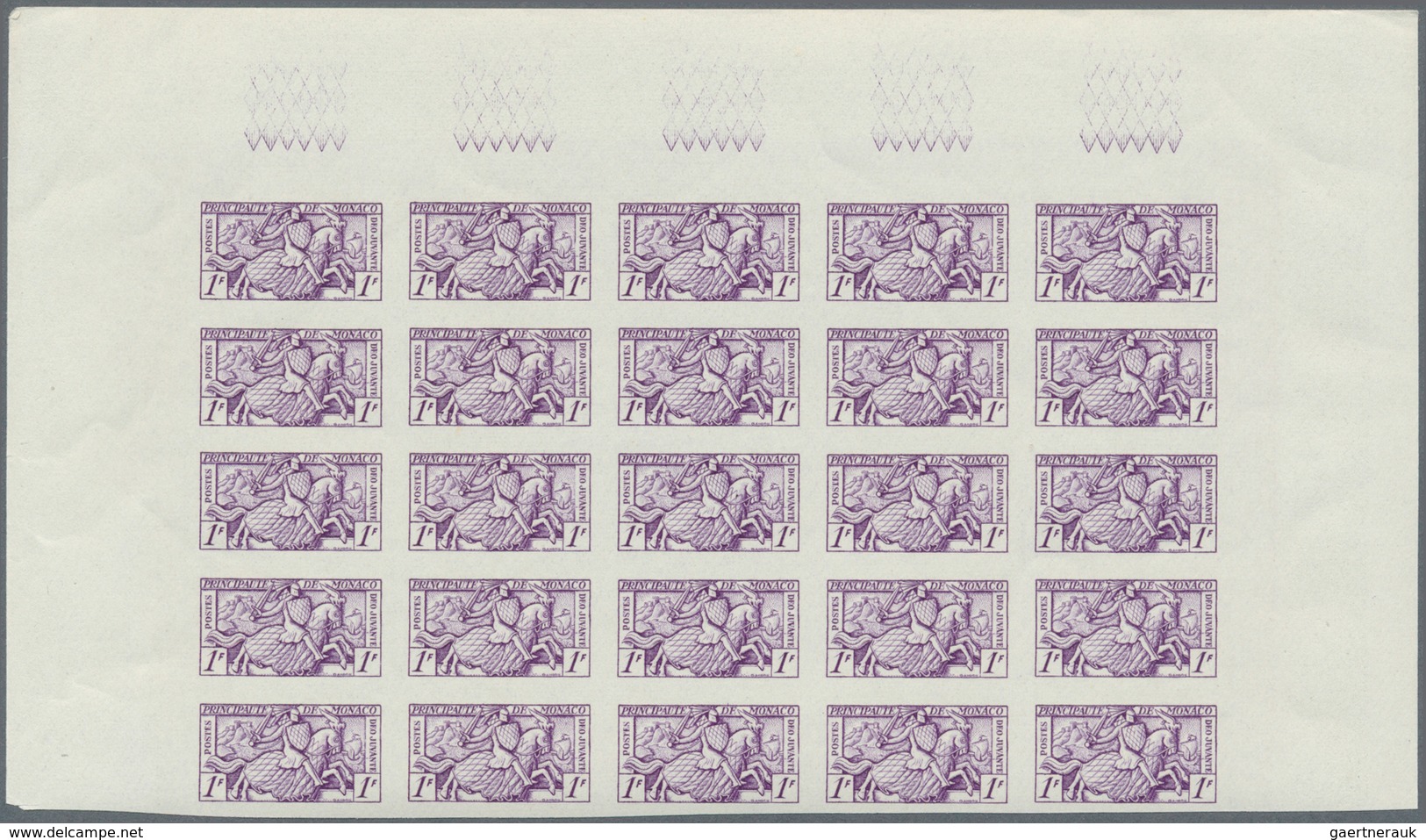 Monaco: 1951, Visiting Card Stamps Complete Set Of Five In IMPERFORATE Blocks Of 25 From Upper Margi - Oblitérés