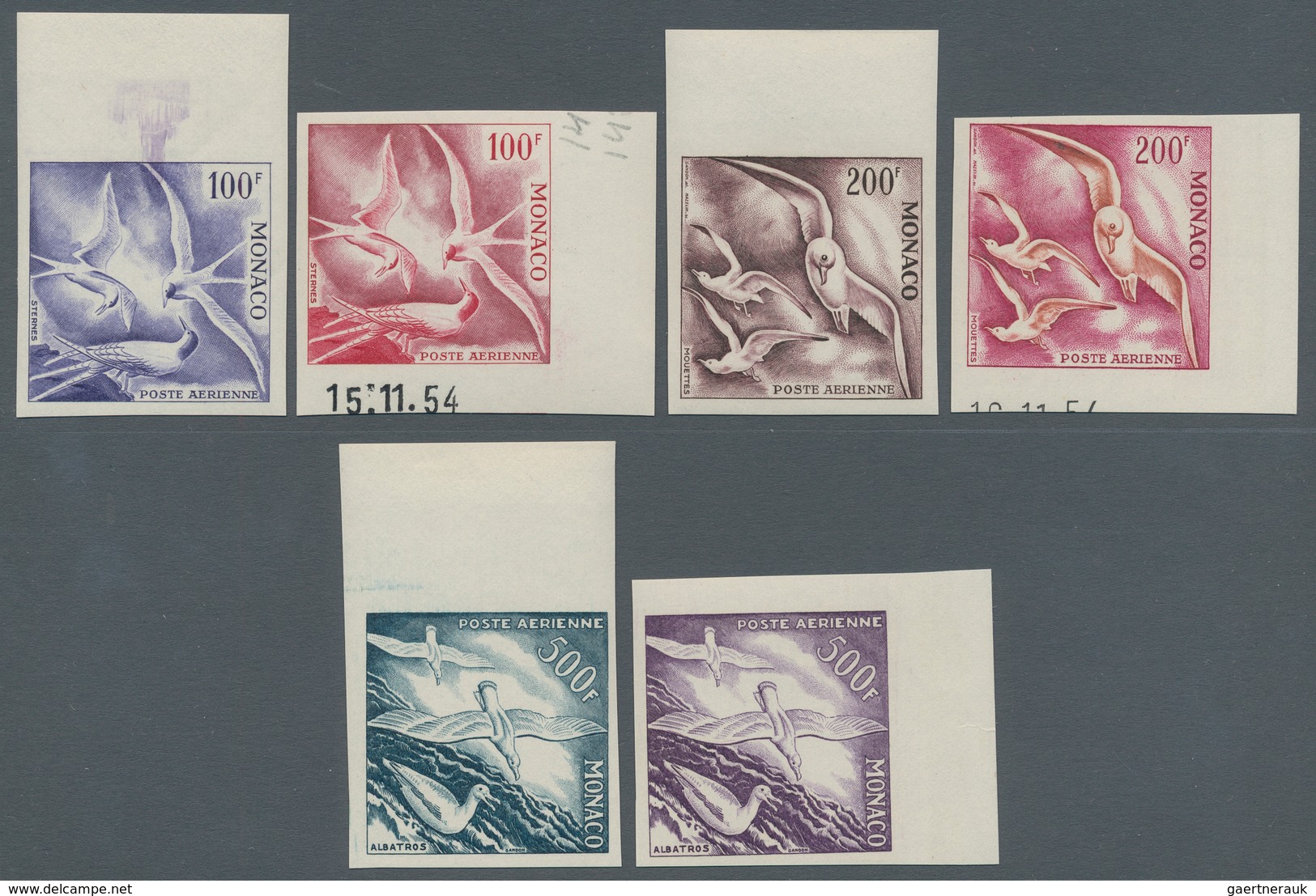 Monaco: 1955, Airmails Birds, 100fr. To 500fr., Two Imperforate Colour Proofs Each, Unmounted Mint ( - Oblitérés
