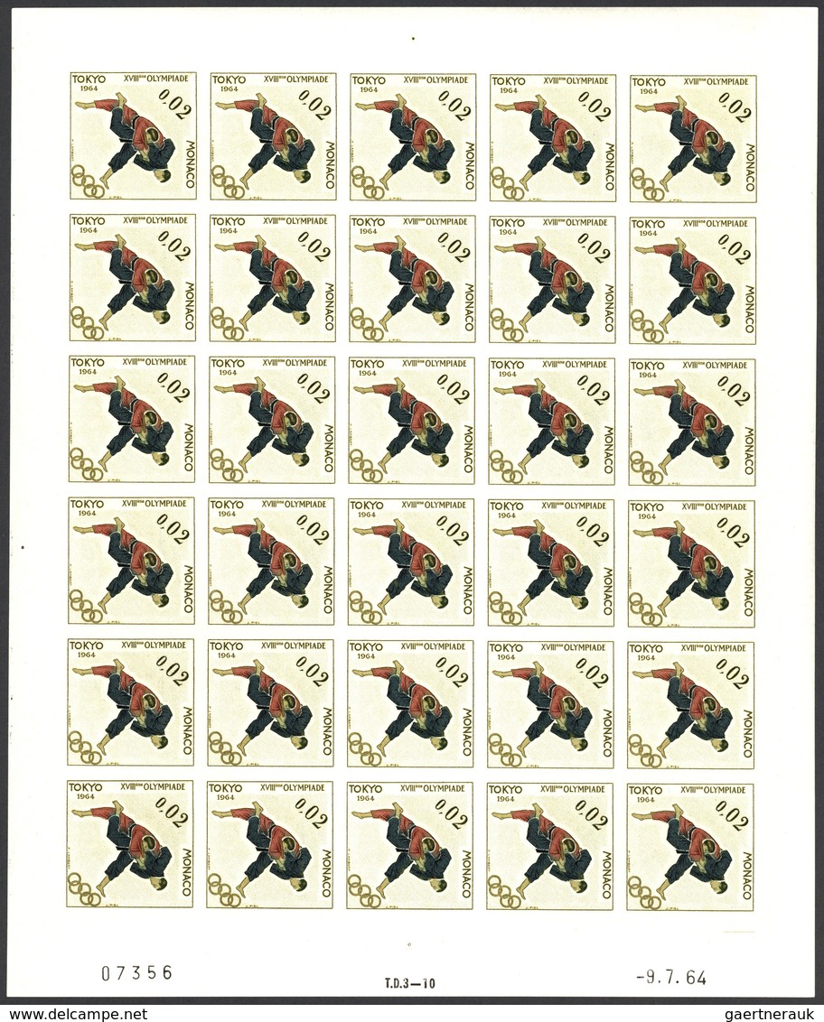 Monaco: 1964, Olympic Games Tokyo, 0.01fr. To 0.04fr., Four Values IMPERFORATE, Complete Sheets Of 3 - Gebraucht