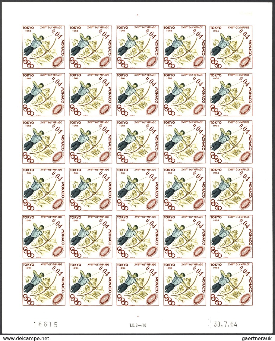 Monaco: 1964, Olympic Games Tokyo, 0.01fr. to 0.04fr., four values IMPERFORATE, complete sheets of 3