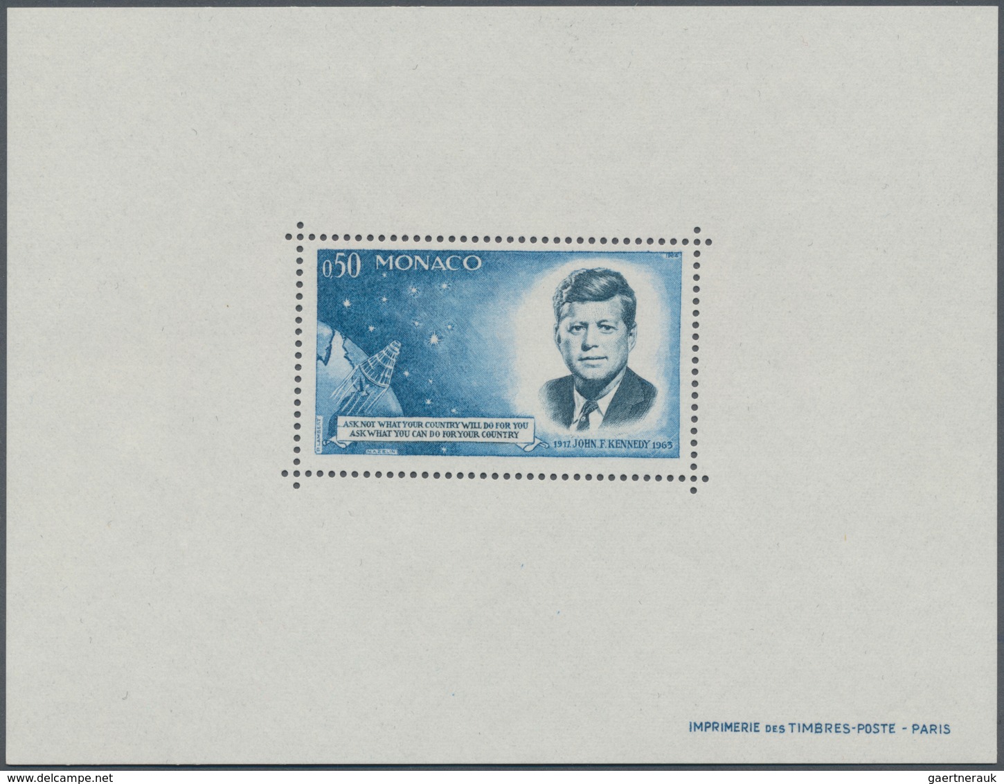 Monaco: 1964, One Year Death Of J.F. Kennedy Special Perforated Miniature Sheet, Mint Never Hinged A - Oblitérés