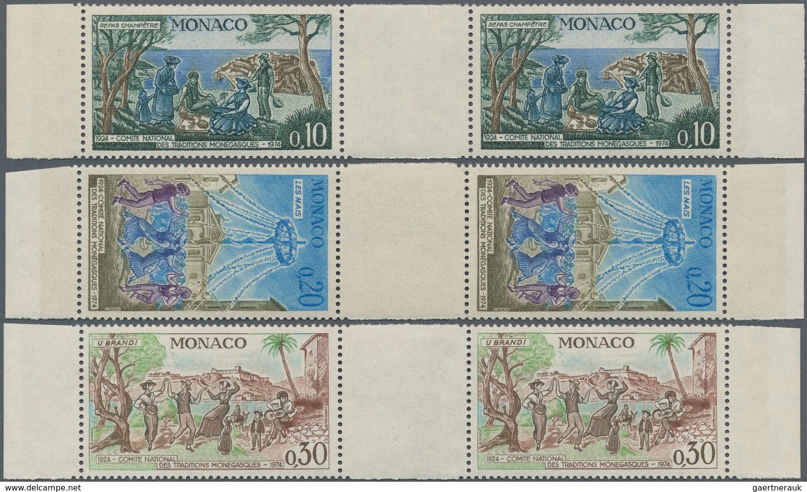 Monaco: 1973, National Heritage, 0.10fr. To 0.30fr., Three Values Each As (unfolded) Gutter Pairs, U - Oblitérés