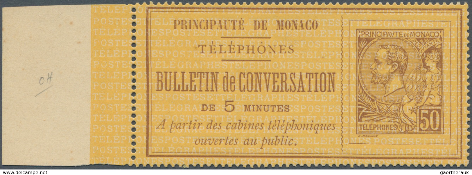 Monaco - Ganzsachen: 1892, Telephone Billet, 50c. Brown On Yellow With Sheet Margin At Left, Unused, - Postal Stationery