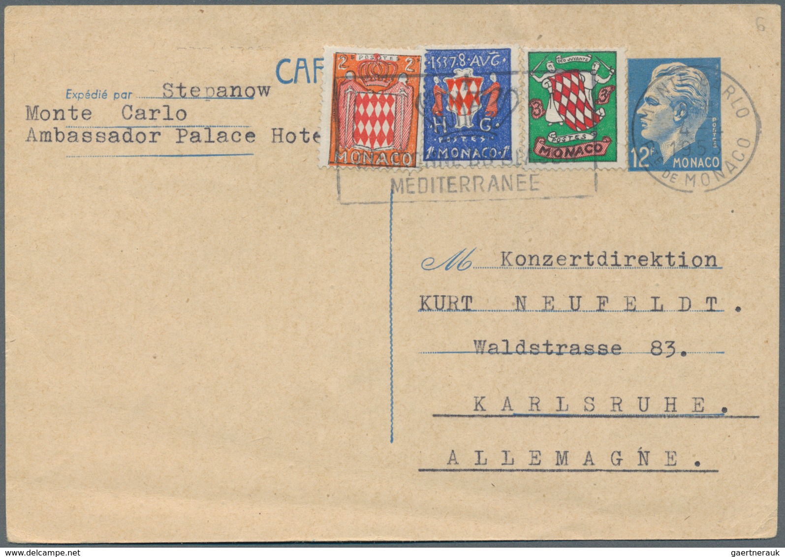 Monaco - Ganzsachen: 1955 Uprated Postal Stationery Card 12 Franc Blue From Monte Carlo To Karlsruhe - Entiers Postaux