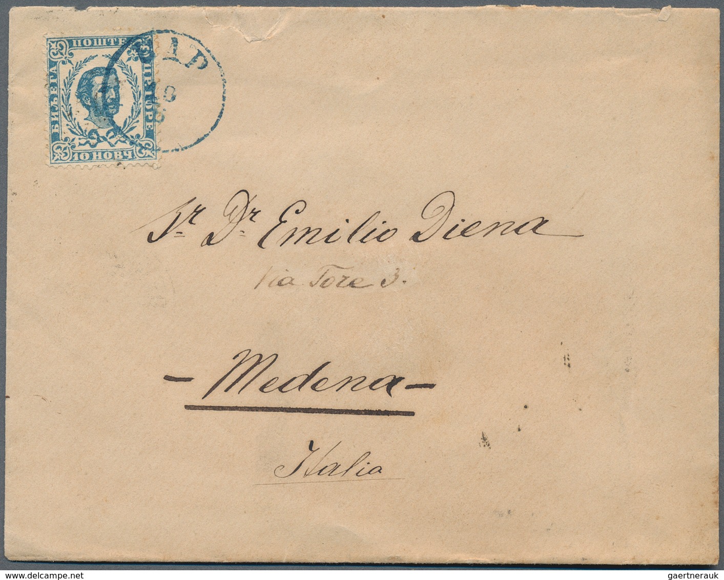 Montenegro: 1891, Envelope To Italy (Diena Correspondence, Opening Faults) Franked 10n Blue, Second - Montenegro