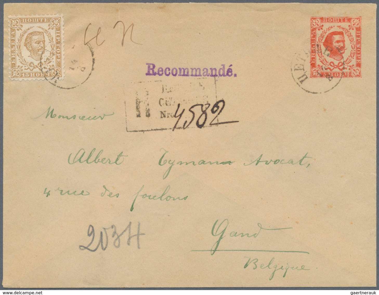 Montenegro: 1893. 5n Scarlet On Thin Yellowish Paper, 145x110 Mm, Correctly Uprated For Sending To G - Montenegro