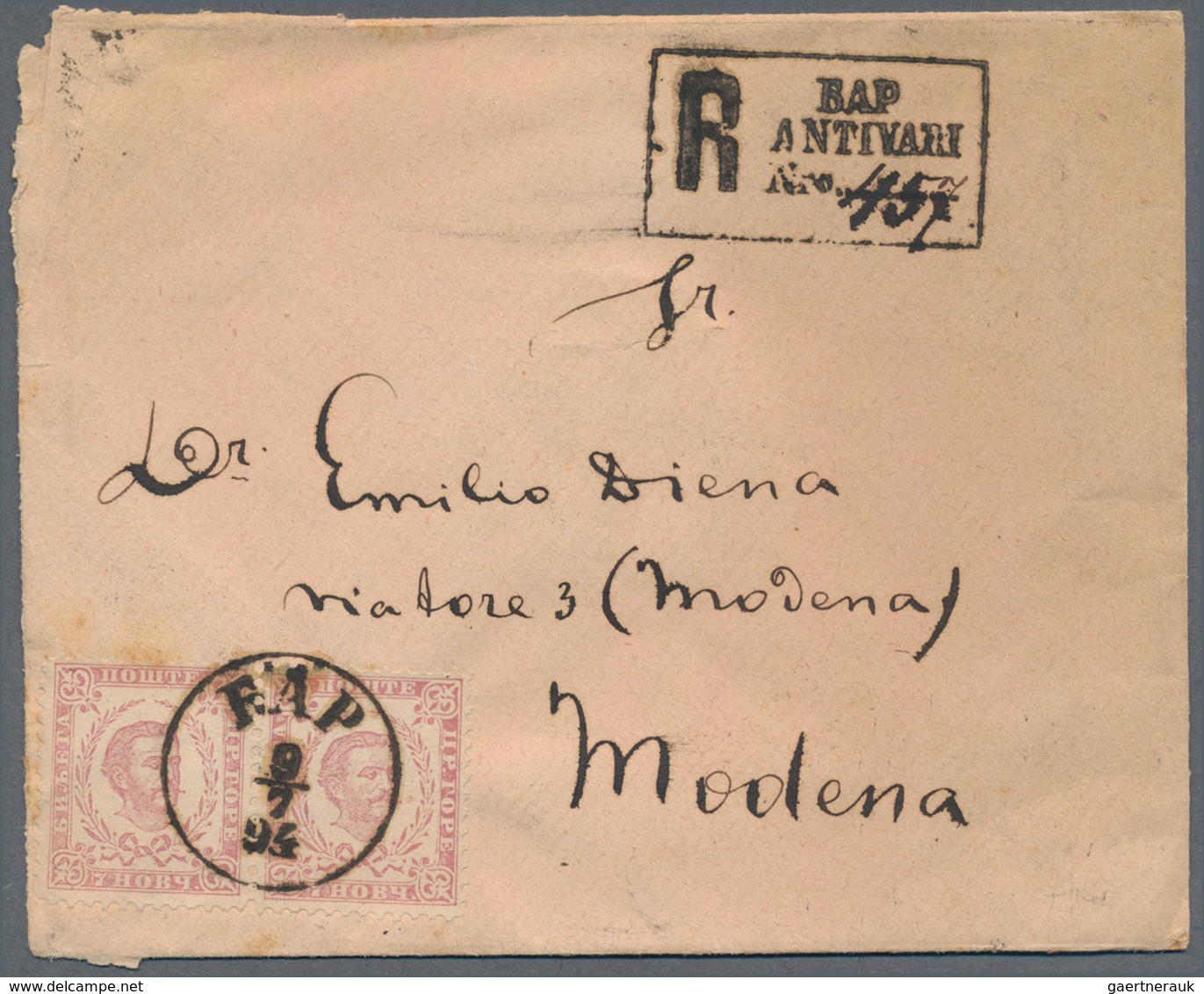 Montenegro:  1894, Envelope Registered To Italy (DIENA Correspondence) Franked Second Printing 7n Ro - Montenegro