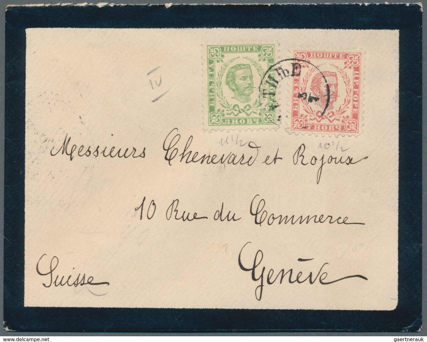 Montenegro: 1896, Mourning Envelope To Switzerland, Franked 3n Green, Perf 11½ And 7n Rose, Perf 10½ - Montenegro