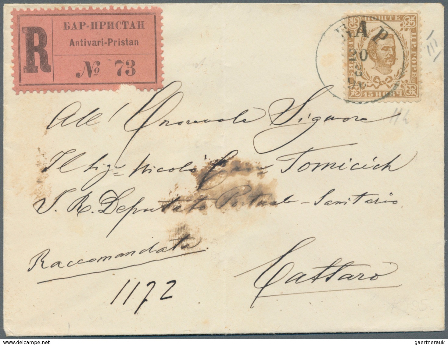 Montenegro: 1896, An Envelope Registered To CATTARO, Franked Third Printing 15n Yellow-brown, Perf L - Montenegro