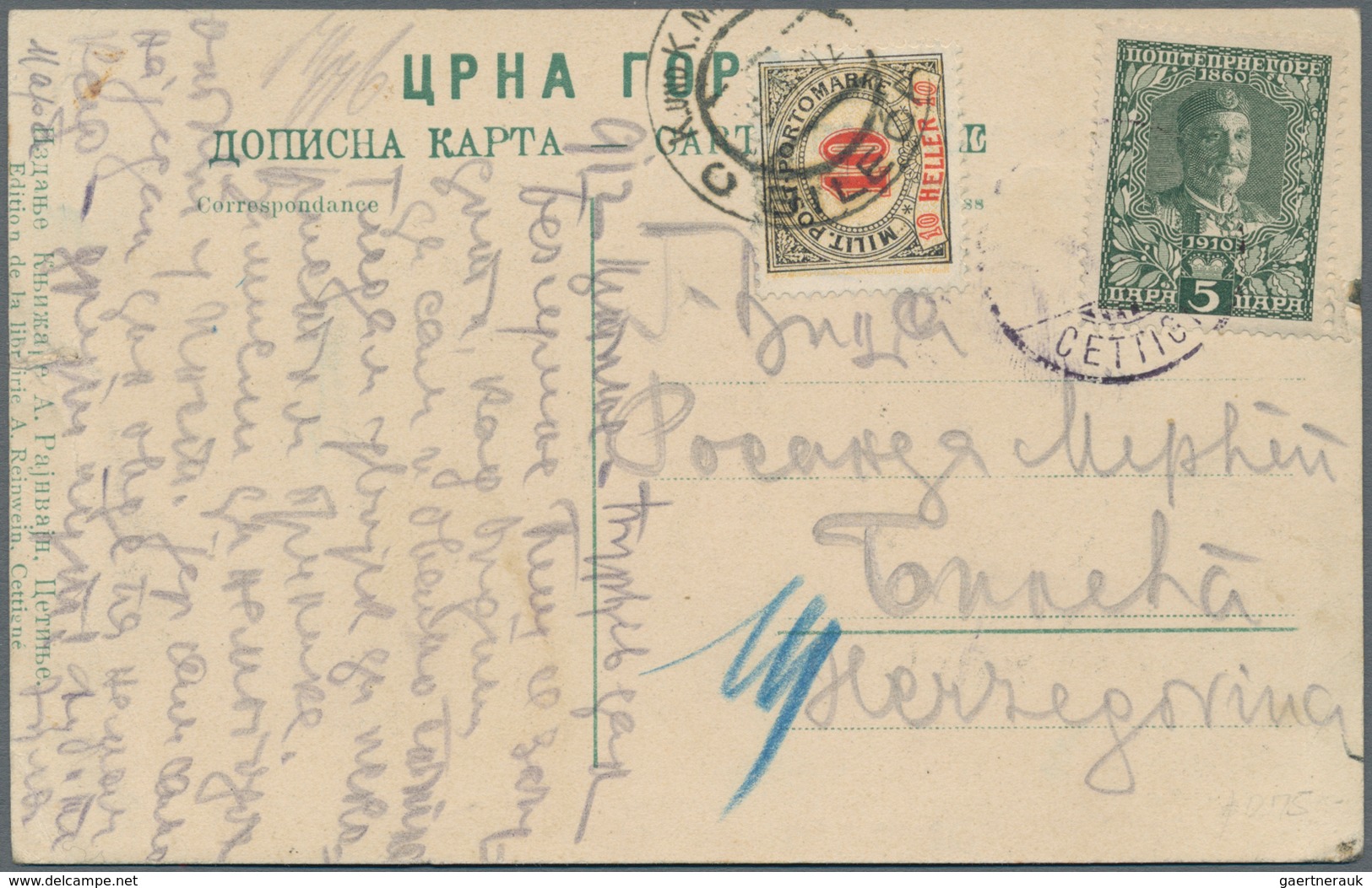 Montenegro: 1912, Cetinje Ppc To BILECA, Hercegovina (written On Both Sides) Franked 5p Green Of 191 - Montenegro