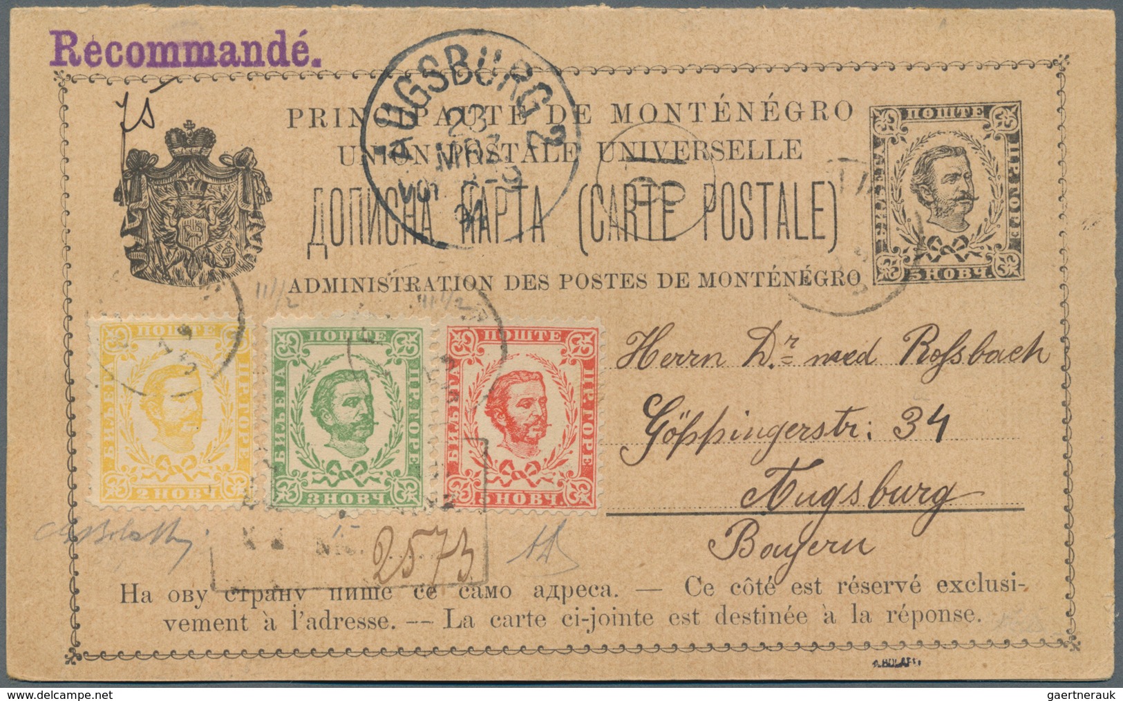 Montenegro - Ganzsachen: 1894 (ca), 5n Black/buff UPU Double Card Uprated For Registered Rate To Ger - Montenegro