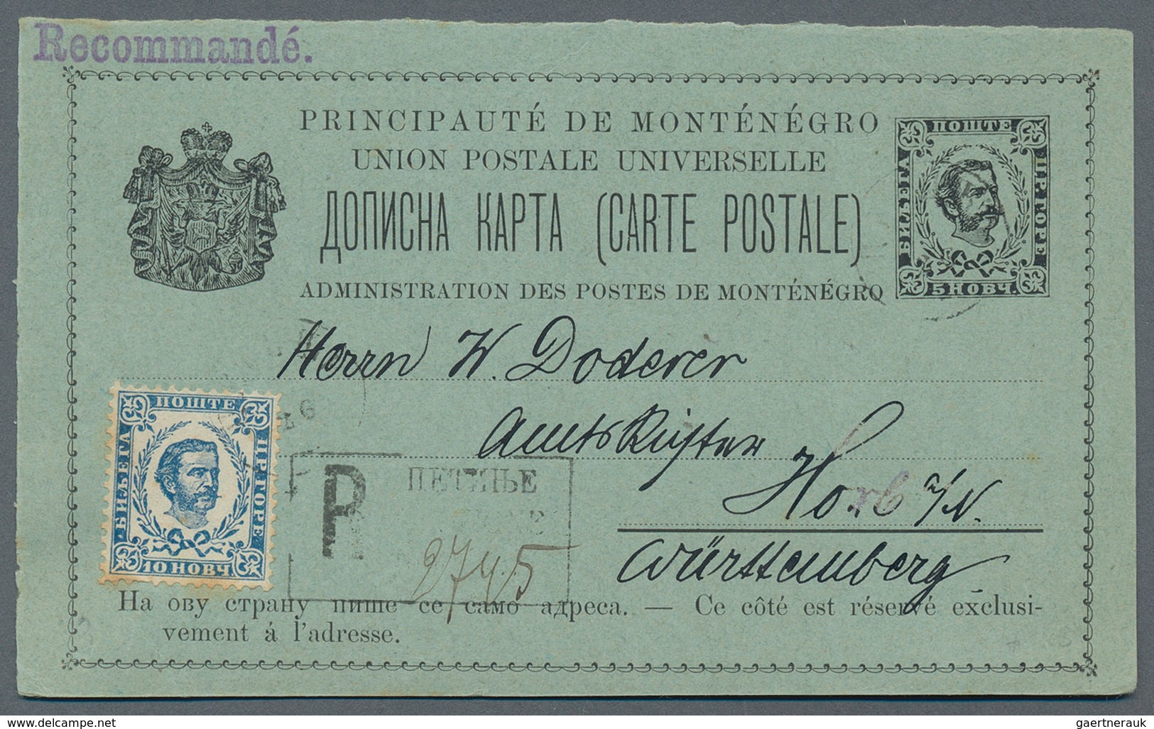 Montenegro - Ganzsachen: 1894. 5 N Black/bluish Prince Nicholas Stationery Card To An Address In WUE - Montenegro