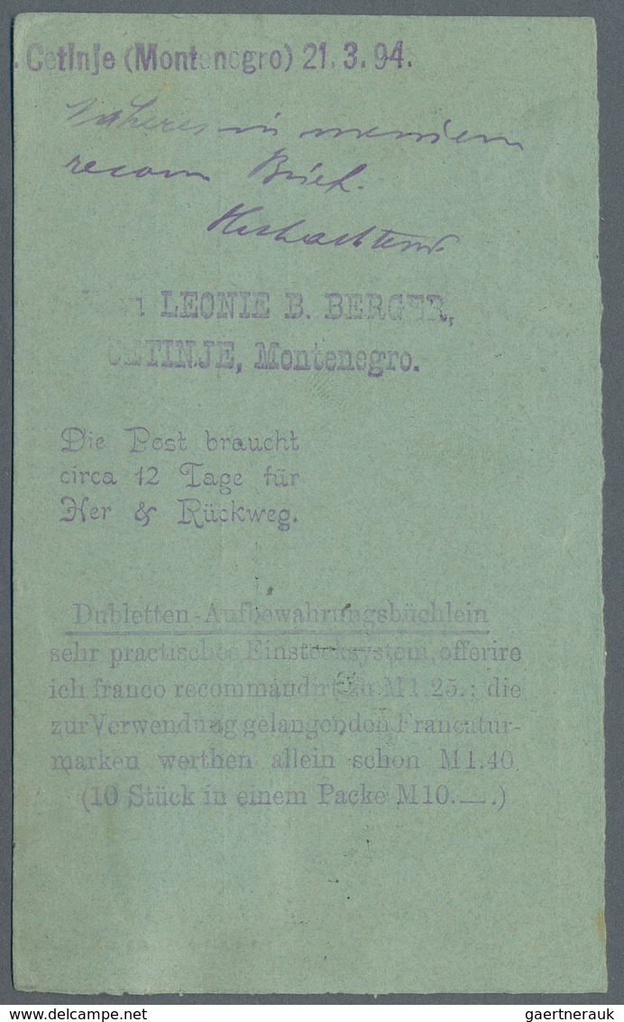 Montenegro - Ganzsachen: 1894. 5 N Black/bluish Prince Nicholas Stationery Card To An Address In WUE - Montenegro