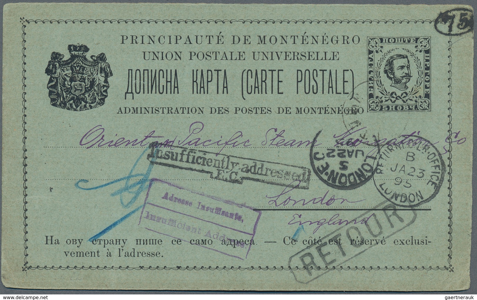 Montenegro - Ganzsachen: 1895, 5n Black/bluish (Michel P12A) Prince Nicholas Stationery Card Address - Montenegro