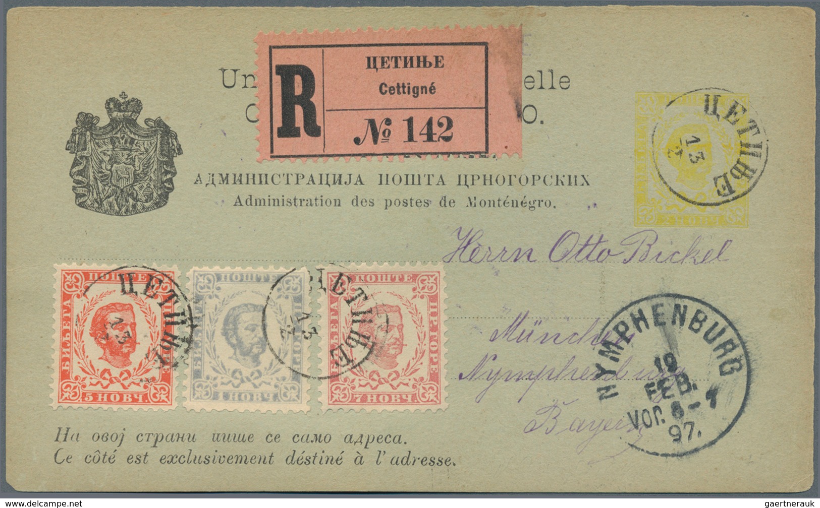 Montenegro - Ganzsachen: 1897. 2 N Yellow Prince Nicholas I Stationery Card, Registered To Bavaria, - Montenegro