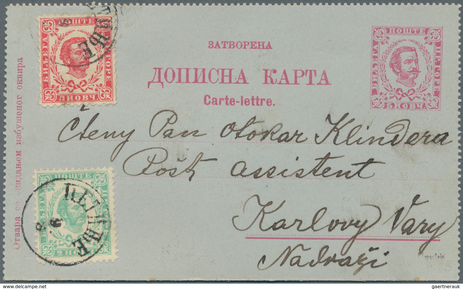 Montenegro - Ganzsachen: 1898. 5 N Carmie/pale Blue Prince Nicholas Letter Card Addressed To KAROLVY - Montenegro