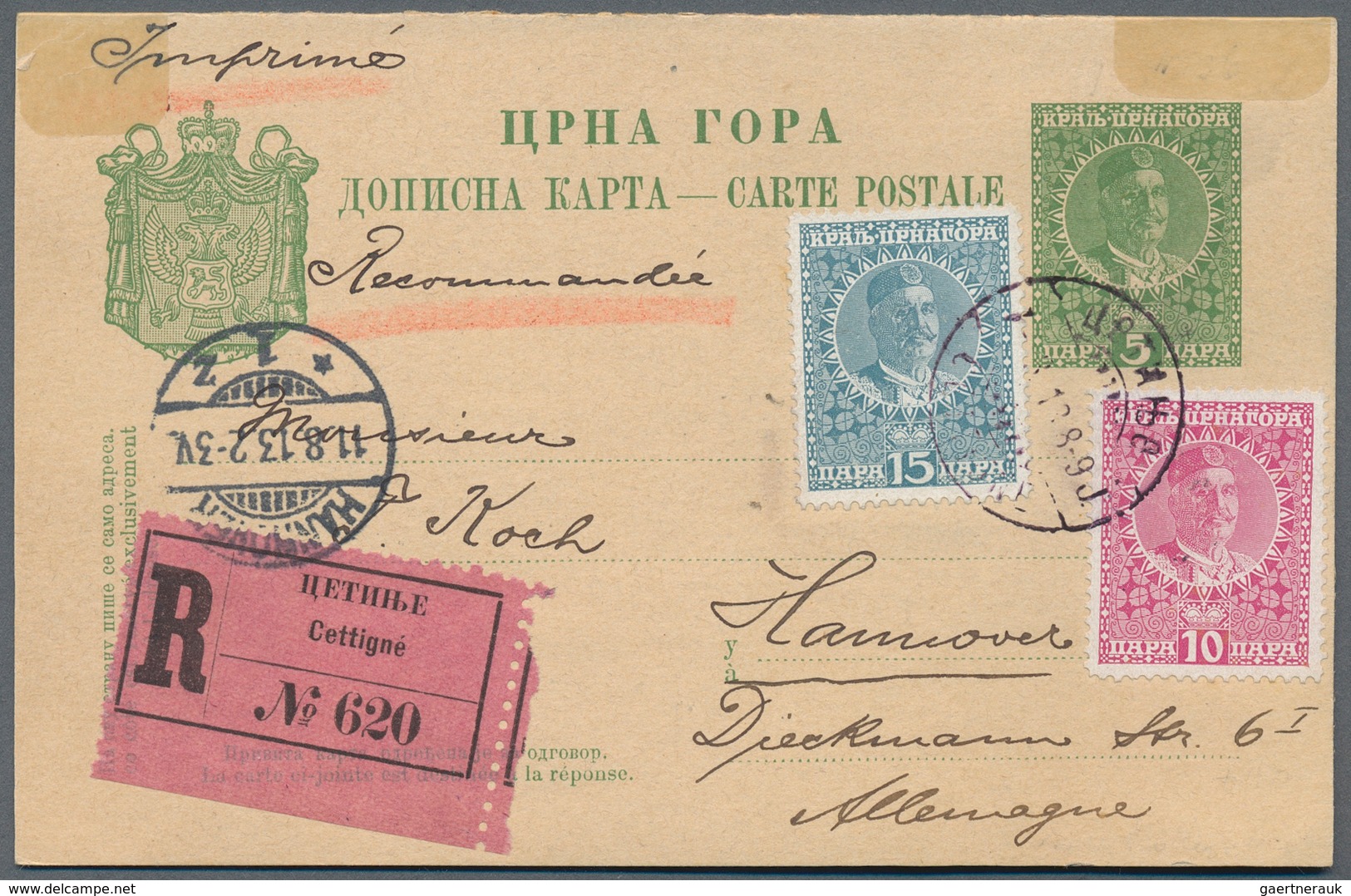 Montenegro - Ganzsachen: 1913. 5/5 P Yellow-green/chamois King Nicholas I Double Stationery Card Reg - Montenegro