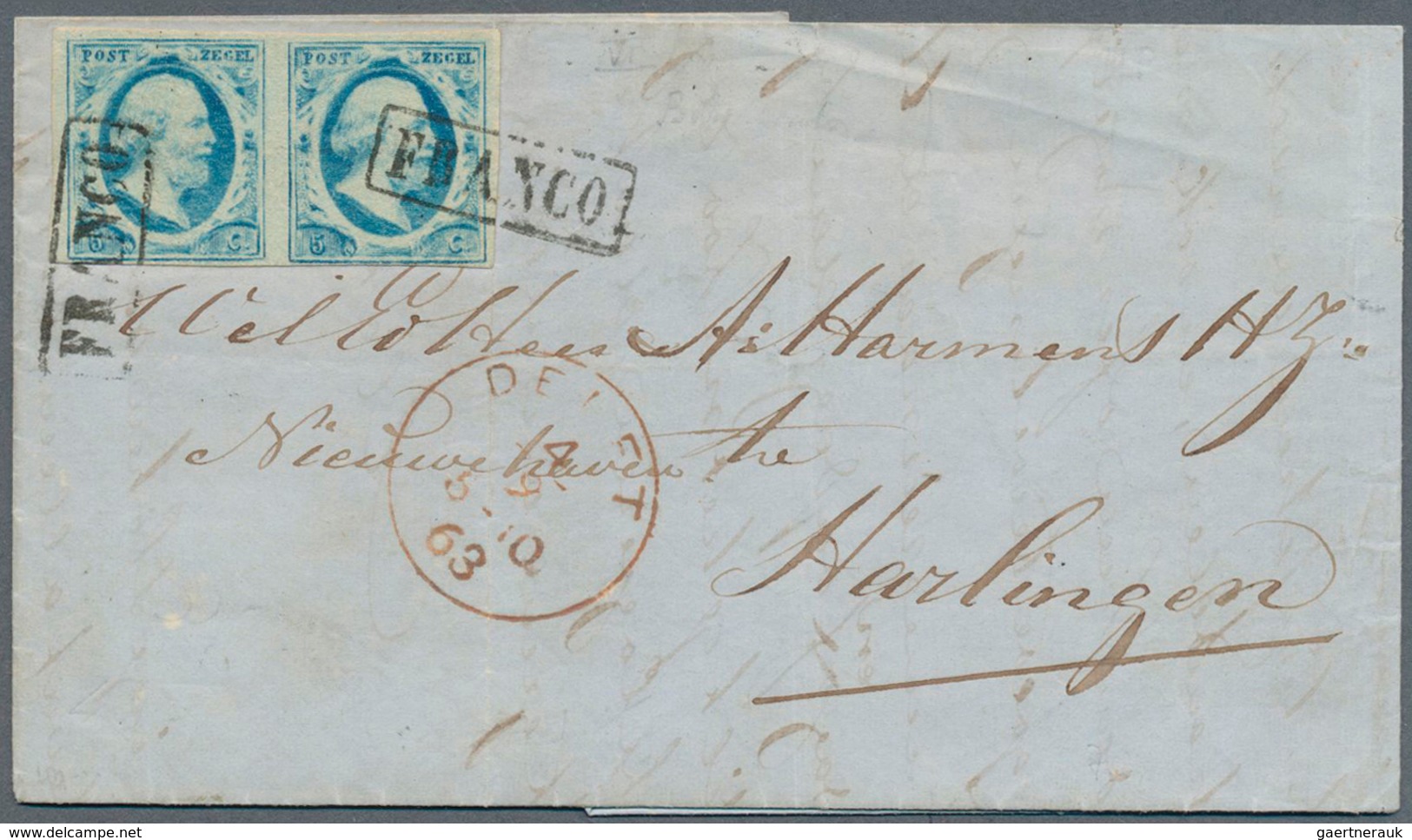 Niederlande: 1863, 5c Blau (Mi.Nr.1) Im Vollrandigen Paar Auf Prachtbrief Von DELFT Nach Harlingen - Autres & Non Classés