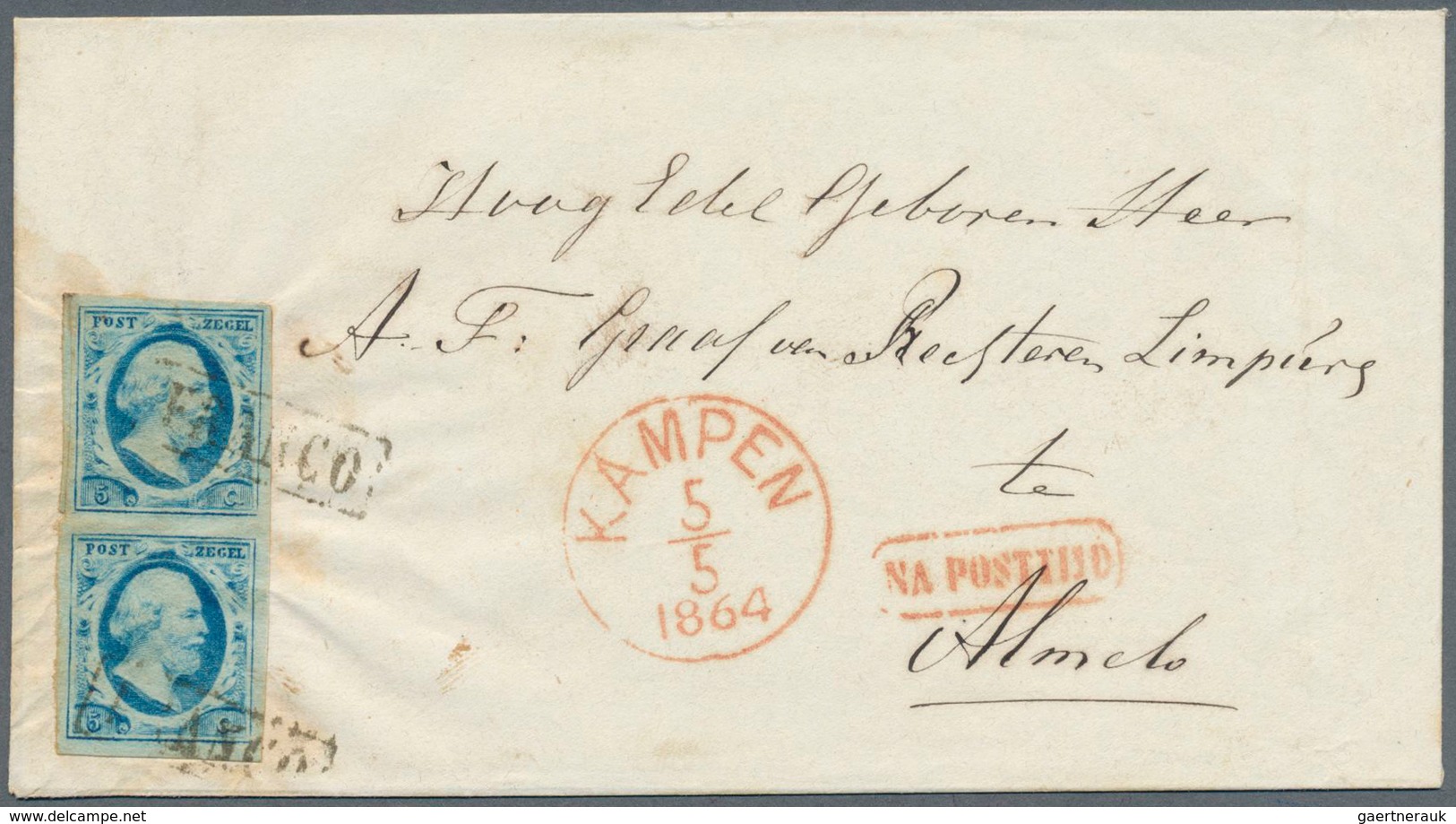 Niederlande: 1864, 5c Blau (Mi.Nr. 1) Im Breitrandigen Senkrechten Paar Auf Kab.Brief Von KAMPEN Nac - Other & Unclassified