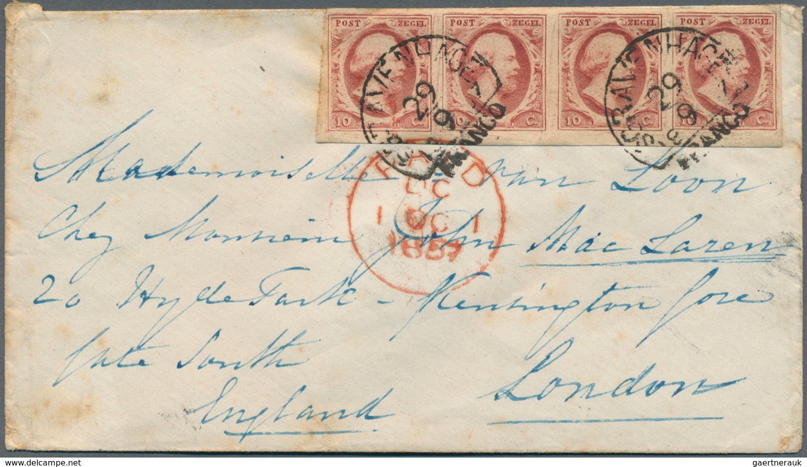 Niederlande: 1852, 10 C Rose-carmine, Horizontal Strip Of 4, Good To Wide Margins, Neatly Cancelled - Autres & Non Classés