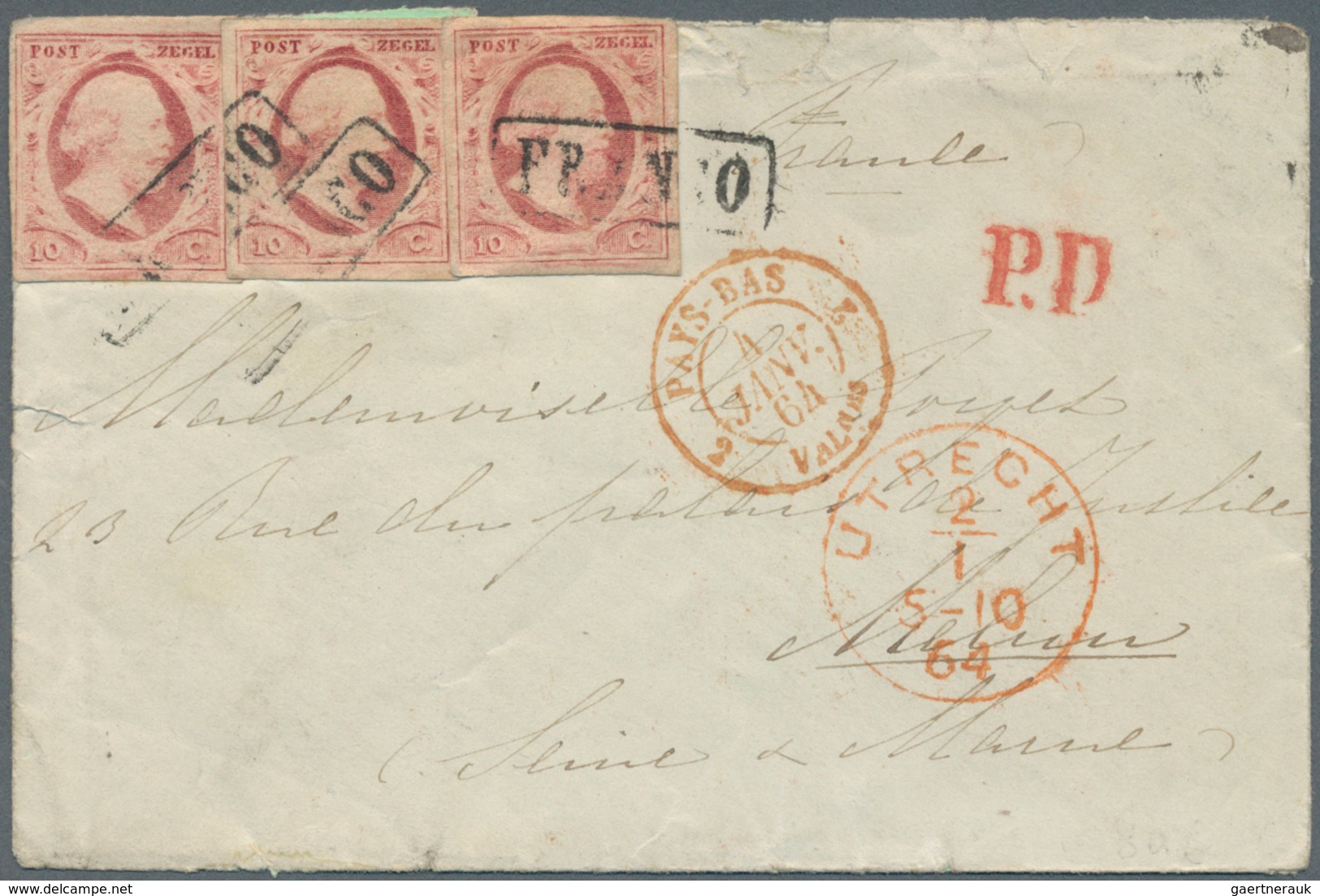 Niederlande: 1864. Envelope (flap Partly Missing) Addressed To France Bearing Yvert 2, 10c Cannine ( - Autres & Non Classés