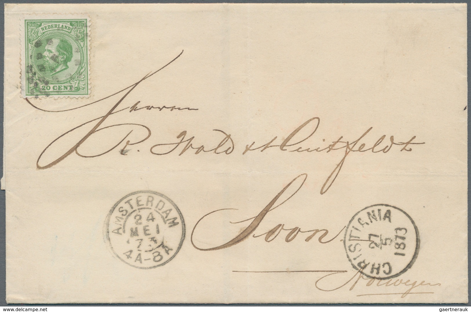 Niederlande: 1873, 20c. Bright Green, Perf. 13½:14, Single Franking On Lettersheet From "AMSTERDAM 2 - Autres & Non Classés