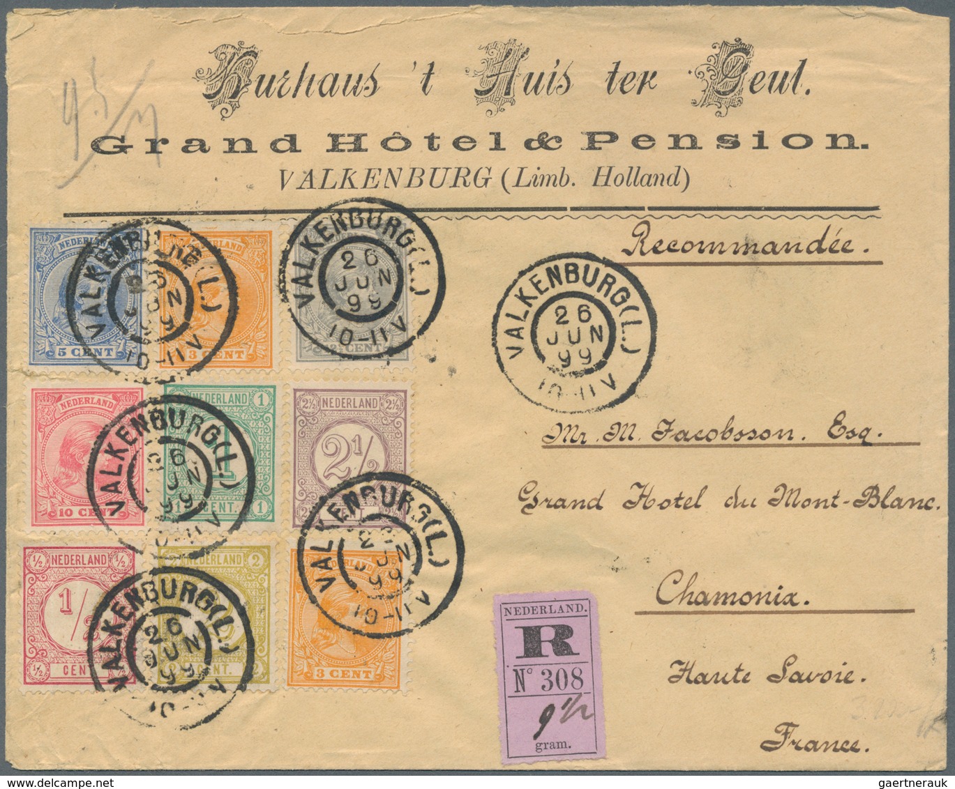 Niederlande: 1899, Wonderful Eight Color Franking On Registered Letter From "Grand-Hotel" In Valkenb - Autres & Non Classés