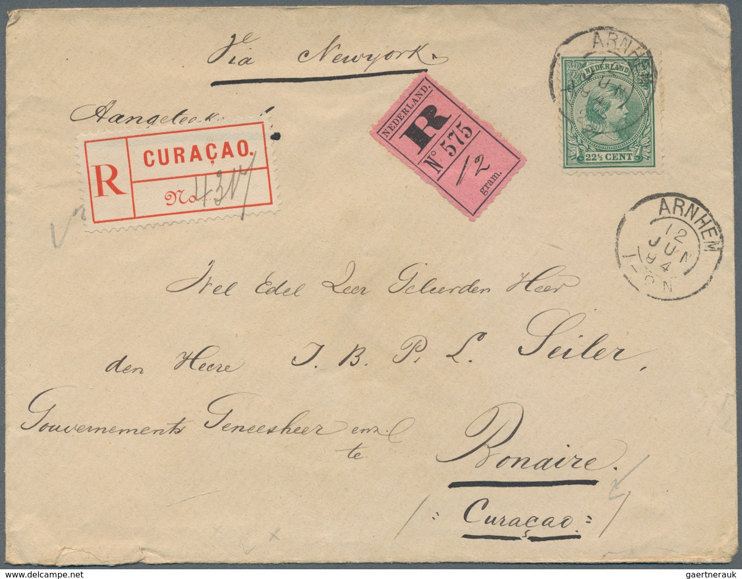 Niederlande: 1894, 22 1/2 C Dark-green Single Franking Cancelled ARNHEIM On Registered Letter "via N - Autres & Non Classés